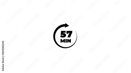 Red color Circle arrow refresh icon and 57 min timer icon animation isolated on transparent background. 57 Minutes Time Loop Motion Design sign.