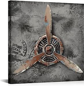 OuElegent Airplane Propeller Canvas Wall Art Plane Engine Artwork Vintage Aircraft Painting Print Pictures for Modern Home Living Room Office Wall Decor Framed Ready to Hang 20x20 Inch