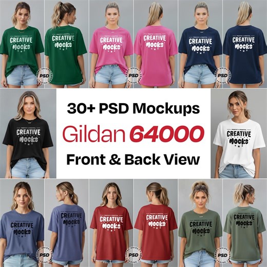 Gildan 64000 Mockup Bundle 30  PSD, T-shirt Mockups Front & Back View, Female Model, Photoshop Smart Object, POD Mockup - Etsy