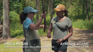 Orvis Sandanona Shooting Grounds Head Shooting Instructor Paula Moore teaches Ayrenne Adams the proper shotgunning stance and demonstrates how to mount the gun in the right part of the shoulder. | Orvis