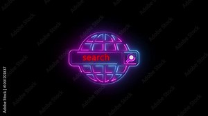 Abstract neon global search bar icon animation. letter of search. Internet search bar field window browsing website information exploration. isolated on black background.