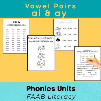 Vowel Teams ai, ay Phonics Practice Pack | Decodable Text, Worksheets & Spelling
