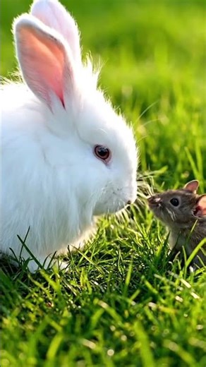 The rabbit and the mouse eating grass