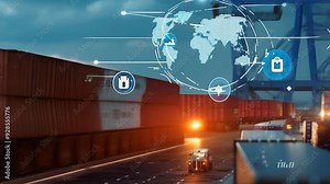 global web of business logistics, with cargo ships and containers.
