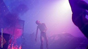 Scary zombies are walking through a deserted and abandoned city. Post apocalypse Animation for fantasy, fiction, zombie and apocalypse backgrounds Fire