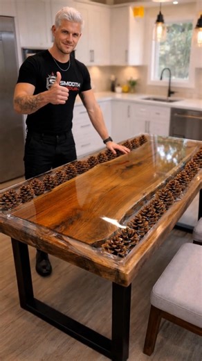 He turned pine cones into a luxury epoxy table… unreal 🤯