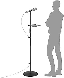 Microphone Stand, Adjustable Karaoke Mic Holder for Singing, Universal Floor Standing Detachable Mike Stand with Weighted Round Base, Cable Clip, Barrel Mic Clip and Tray for Kids Adults