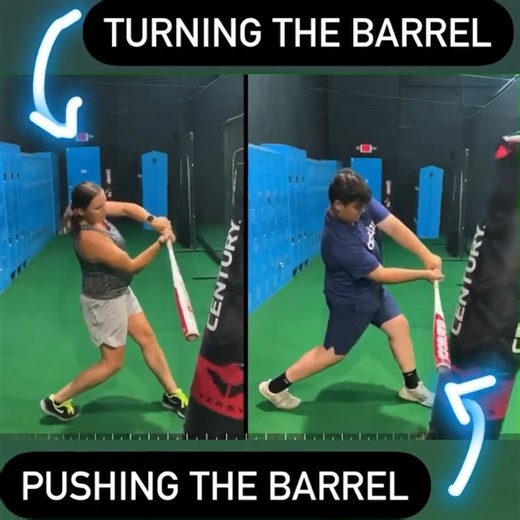 2 different bat paths here! The one on the left gets on plane sooner with the pitch, and uses the lower half to turn the barrel. The one on the right, is “pushy,” “handsy” and get on plane later with the pitch. The sooner and longer the barrel is on plane with the pitch the more room for error the hitter has (early, on time, or late). And by using the ground and lower half versus the upper half, power will be increased! | The Hitting Vault