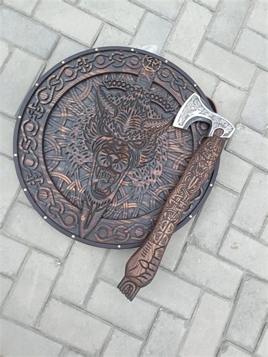 Medieval Viking Fenrir Shield & Axe Set - Handcrafted Viking Fenrir Shield With Leather Grip - Functional Camping Axe - Engraved Shield Axe - Etsy