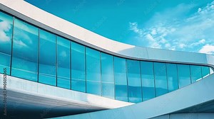Modern and futuristic architecture with flowing lines and blue glass reflecting the clouds and the sky.