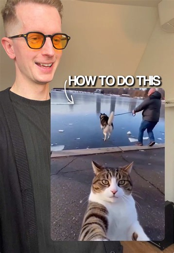 This is WILD 🤣 Find the full tutorial on aitrendz.xyz/blog This is a two-step process. First, you generate a still image of a cat holding pizza and filming a selfie in a winter park. Then you use that image as a reference to generate a full video where the scene plays out👇 The cat throws the pizza, the dog chases it onto a frozen lake, the ice breaks, and the man gets pulled in too. The cat laughs at the camera. You can use any AI platform for this like Freepik, Luma AI, AIVideo, etc. Source o