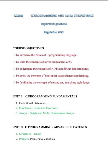 CS3353 C Programming and Data Structures Important Questions #r21 #exam #annauniversity