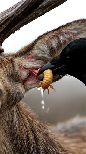 🦌 UNBELIEVABLE! Crow PULLS a GIANT Warble Worm from a Red Deer's Ear! | #UltimateParasite #European