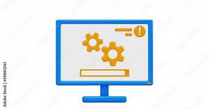3d icon. Computer monitor icon with download information. Firmware update. Computer loading, gears turning. 3D rendering, 4K animation in cartoon style with Alpha channel.