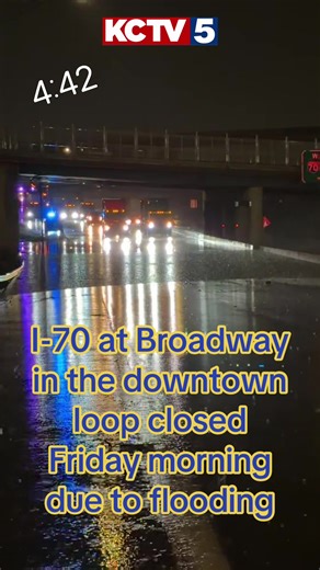 HEADS UP, DRIVERS ⚠️ I-70 in the downtown loop is closed at Broadway due to flooding over the interstate. #kansascity #weather #rain #flooding #flood