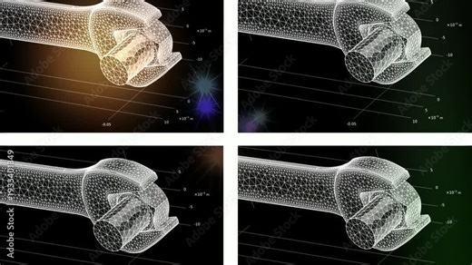 Video animation of computer technic 3d modeling of mechanical part - wrench and bolt model. Animated motion effect, screensaver. Technical cad drawing.