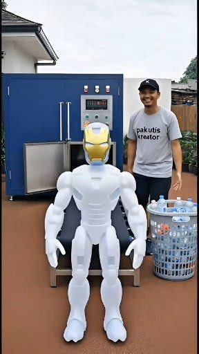 The process of making an Iron Man replica using used drink bottles Proses membuat replika iron man memakai bahan botol minuman bekas #videoviral #videoAI #funnyvideo #fyp | Pak Utis Kreator
