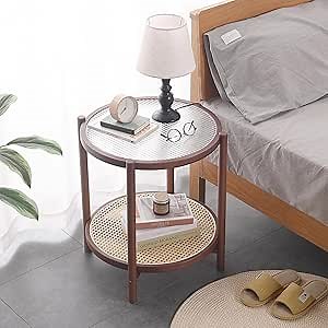 Tiita Rattan Coffee Table, Round End Table, 2-Tier Modern Side Table, Small Bamboo Living Room Side Table, Glass Sofa End Table for Balcony and Office Outdoor/Indoor (Walnut)
