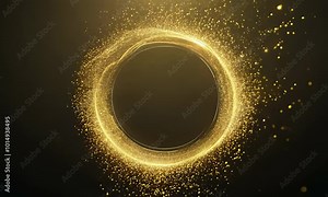 Christmas Golden circle round frame Portal with glowing golden sparkles and glitter particles on black background with golden bokeh, VFX