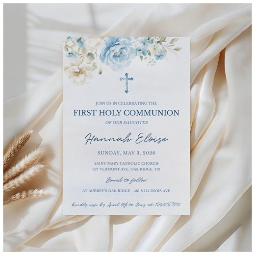 Dusty Blue Floral Catholic First Communion Invitation Template: Editable Eucharist Invite (digital Download) FC-005 - Etsy