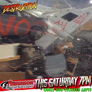 2.6K views · 20 reactions | Anderson Motor Speedway - THIS SATURDAY NIGHT! Make sure you seize this final opportunity to snag tickets for an exclusive event! Prepare to be thrilled by car-crashing stunts, breathtaking fireworks displays, heart-pounding demolition derby action, exhilarating school bus races, and adrenaline-pumping full-contact racing. LAST CALL OF TICKETS - tourofdestruction.com/anderson | Tour of Destruction | Facebook