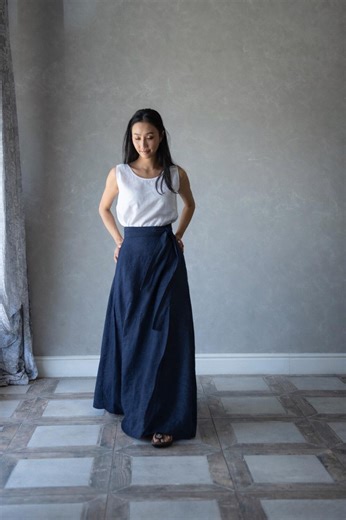 Linen Maxi Wrap Skirt With Pockets, Dark Blue Long Flowy Skirt : DOROTHY - Etsy