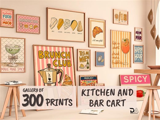 Kitchen Wall Art Bundle, 300 Printable Kitchen Decor, Retro Food Illustrations, Bar Cart Art Set, Dining Room Prints, Trendy Kitchen Decor - Etsy