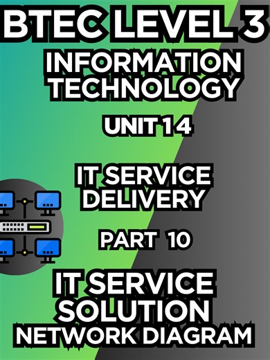 BTEC Level 3 IT - Unit 14 - IT Service Delivery - Part 10 - IT SERVICE SOLUTION (Network Diagram) Learn how to create and interpret Network Diagrams for BTEC Level 3 IT - Unit 14 IT Service Delivery! 🌐 This video explains how to map IT infrastructure, connect users and systems, and visualise IT service delivery solutions using the IT service life cycle. Perfect for coursework, exam prep, and understanding practical IT solutions in organisations. Connect with RonsTechHub: 📘 Facebook: https://ww