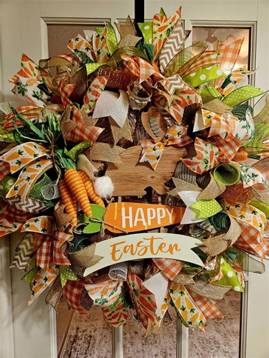 Burlap Easter Bunny Wreath: Country Carrots, Wooden Sign Door Decor