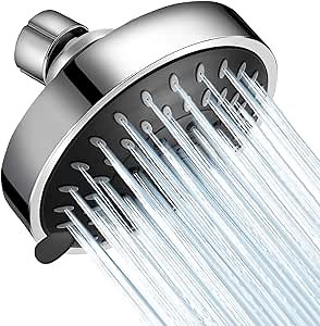 High Pressure Shower Head 5 Settings Fixed Showerhead 4 Inch High Flow Bathroom Showerhead with Adjustable Brass Ball Joint for Luxury Shower Experience Even at Low Water Pressure
