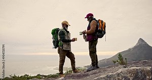 Hiking, break and black men with drink for summer vacation, climbing and mountain trekking. Friends, adventure and Mature guys in nature for exercise, travel and retirement hobby for memory together