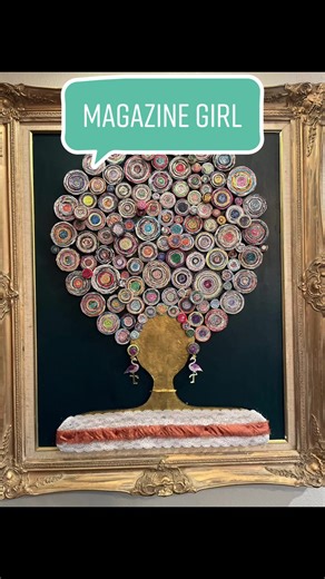 Magazine Roll girl! I made her hair out of magazine pages rolled up. The frame is a thrift store find and the picture light is from amazon. #diy #thriftshop #amazonfinds #magazineart #picturelight #art #antiqueframe #funkydecor #oneofakind