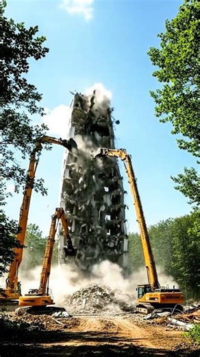 Massive Building Demolition! 3 Mega Excavators Take Down a Tower in Minutes #TowerDown #shorts