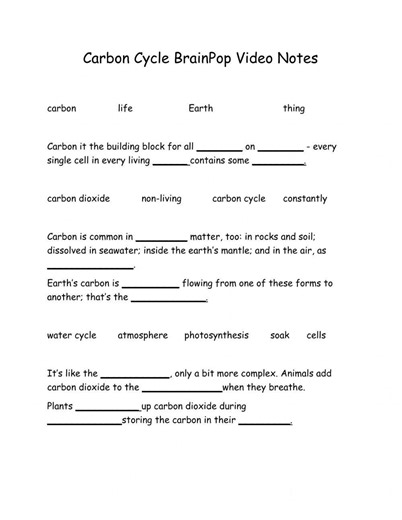 Carbon Cycle BrainPop Video Notes worksheet