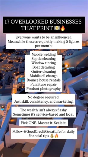 𝐆𝐚𝐫𝐧𝐞𝐭𝐭 𝐃𝐚𝐯𝐢𝐬 on Instagram: "Stop waiting for a perfect idea. Here’s how to start: Step 1: Pick ONE service. Window tinting. Mobile oil change. Gutter cleaning. Pick one. Step 2: Learn the skill on YouTube. Step 3: Practice on friends or family. Step 4: Post before and after pictures. Step 5: Charge fair prices and reinvest profits. You don’t need a degree. You need consistency and marketing. Small service businesses quietly make real money. Follow @GoodCreditGreatLife for daily fina