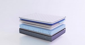 3d animation on the side of a prefabricated orthopedic mattress structure with a spring block consisting of layers of elastic foam, independent springs, gel cooling layer