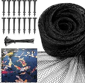 Pond Netting Cover for Leaves, 14 x 14 Koi Pond Net Cover, Durable & Sturdy Pond Netting for Koi Ponds, Protect Koi Fish Against Herons, Raccoons, Cats & Predators, 14pcs Stakes Included