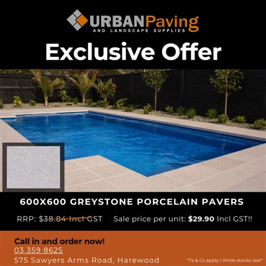 💥 Sale Alert! 💥 Our Greystone Porcelain Pavers 600x600x20mm flats are now just $29.90 each incl GST (were $38.84 incl GST)! 🙌 Bring a sleek, modern look to your outdoor spaces with these durable, low-maintenance pavers — perfect for patios, pools, and pathways. Limited stock available, so get in quick! 🏃‍♂️💨 📍 Visit us at 575 Sawyers Arms Road or call to secure yours today Or visit our website: www.urbanpaving.co.nz Terms and conditions apply. While stocks last. | Urban Paving