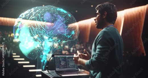Lecturer Delivers a University Computer Science Keynote at the Podium, Gesturing Using Brain Hologram. Laptop Programming Code Manipulates AI and Neural network Software Concepts, Teaching Audience
