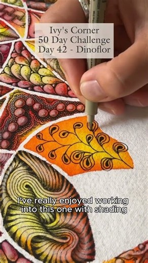 Day 42 of my 50-day Zentangle art challenge - drawing Dinoflor by Suzanne Fluhr