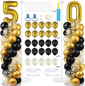 2 Sets 50th Birthday Balloon Column Stand Kit Black Gold Balloon Stand Kit with Base Number 50 Balloons Height Adjustable Balloon Tower Stand for Floor for 50th Birthday Anniversary Christmas Decor