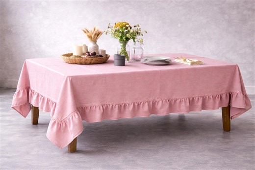 Blush Pink Linen Ruffle Tablecloth – Farmhouse Dining Table Cover - Etsy