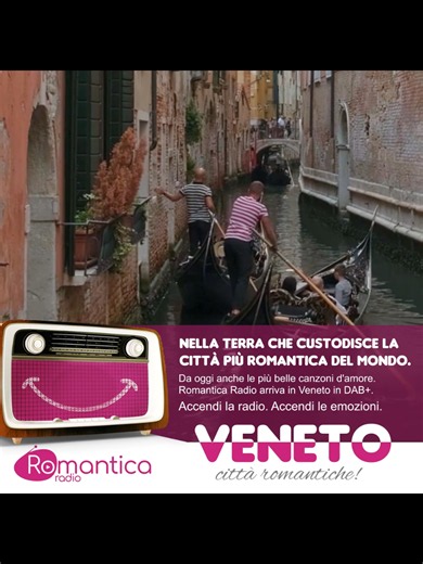 Romantica Radio arriva in Veneto! Dalle calli di Venezia, una delle città più romantiche del mondo, alle Dolomiti, dalla laguna alle ville venete... la colonna sonora delle tue emozioni ora è sempre con te. Cercaci in DAB e innamorati di nuovo. #romanticaradio #DAB #veneto #venezia #fyp