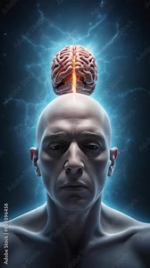 3d rendered illustration of a brain with man, a bald man with his brain out of his head and put over his head with electric sparks around the head, a lifeless man with no brain Generative AI