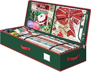 Christmas Wrapping Paper Storage Containers, 40 Inch Gift Wrap Organizer, Visible Supplies Pockets for Xmas Accessories, Underbed Storage for Christmas Decorations, Green