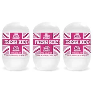 Fresh Kidz Roll On Deodorant for Kids and Teens - Baking Soda and Aluminum-free 24 Hour Protection for Sensitive Skin - Girls "Pink" 1.86 fl.oz. (3 Pack)