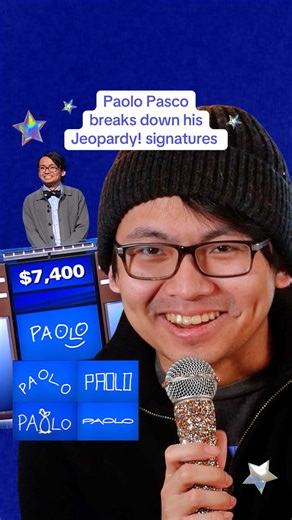 Paolo Pasco breaks down his many iconic ‘Jeopardy!’ signatures. Tune in TONIGHT to watch Paolo compete in the ‘Jeopardy!’ Tournament of Champions finals. ✍️🐧 Paolo Pasco is a crossword solving champion, a puzzle writer whose crosswords have been published in The New York Times and a Jeopardy! SUPERSTAR who won seven games back in September and is now competing in the Tournament of Champions. #PaoloPasco #Jeopardy #KenJennings #TournamentOfChampions #signature @Jeopardy!