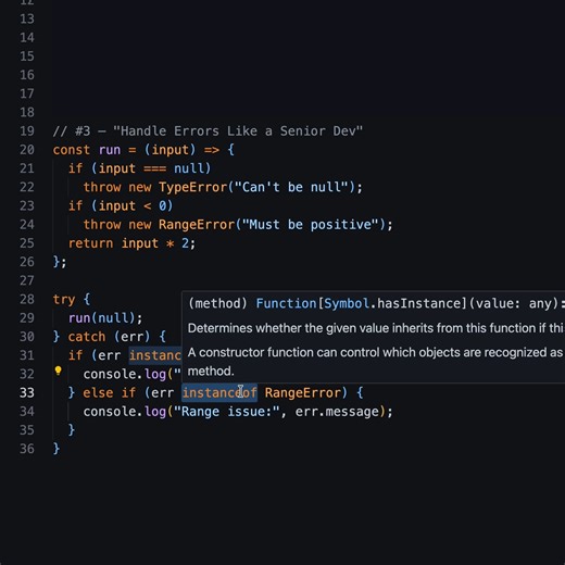 One catch block doesn't mean one-size-fits-all. Senior devs use instanceof to identify exactly what type of error was thrown — TypeError, RangeError, and more — and handle each one differently. This single pattern will level up your error handling immediately. 🔥 Full Zero to Advanced JavaScript course on this channel 📌 Topic 87 — Error Objects & Stack Traces #JavaScript #ErrorHandling #CleanCode #WebDevelopment #JavaScriptTips #SeniorDev #LearnJavaScript #instanceof #CodingTips #JSShorts | Ful