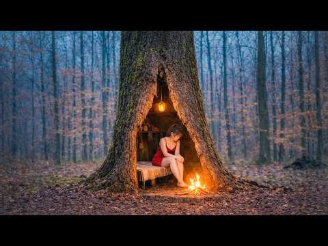 TIMELAPSE: 30 Days Building a Secret Shelter Inside a Giant Oak Tree | Clay Stove Forest Survival 🌲🔥