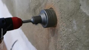 Installation of socket boxes in a brick wall. A male worker is drilling a socket in the wall with a drill in his hands. Installing an electrical outlet in the apartment. Construction works.